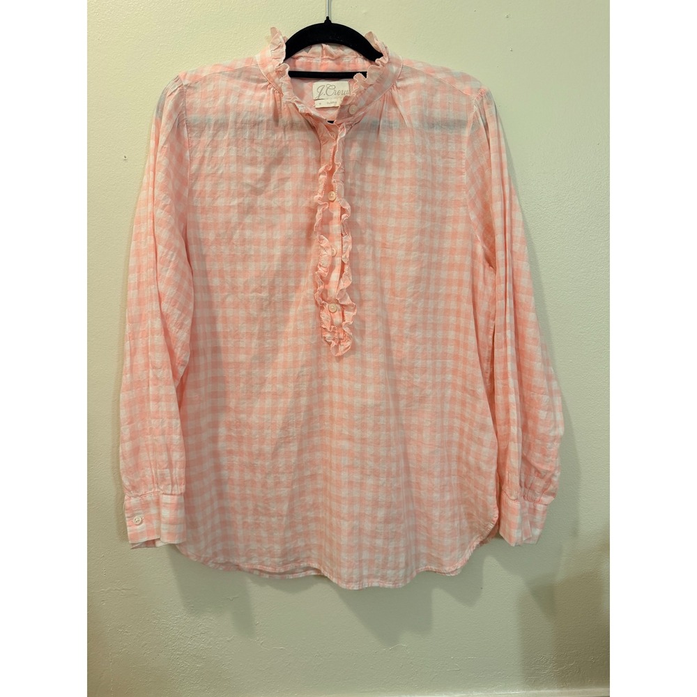 J Crew Womens‎ Gingham Ruffle Blouse 16 Pink Classic Preppy Coastal